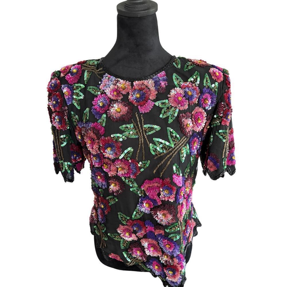 Laurence Kazar Beaded Sequin Floral Silk Blouse – Size PL